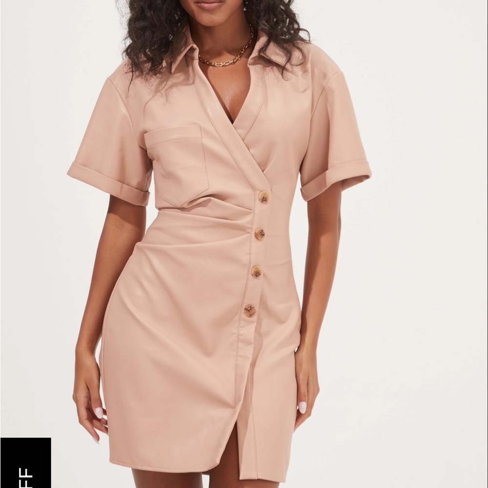 TERRA FAUX LEATHER BUTTON UP MINI DRESS
